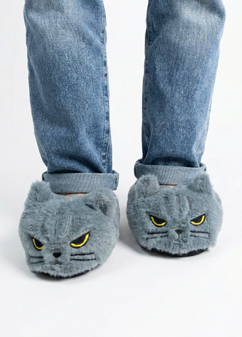 Тапочки домашние Кот Грампи для подростков и взрослых серые плюшевые F3117 фото